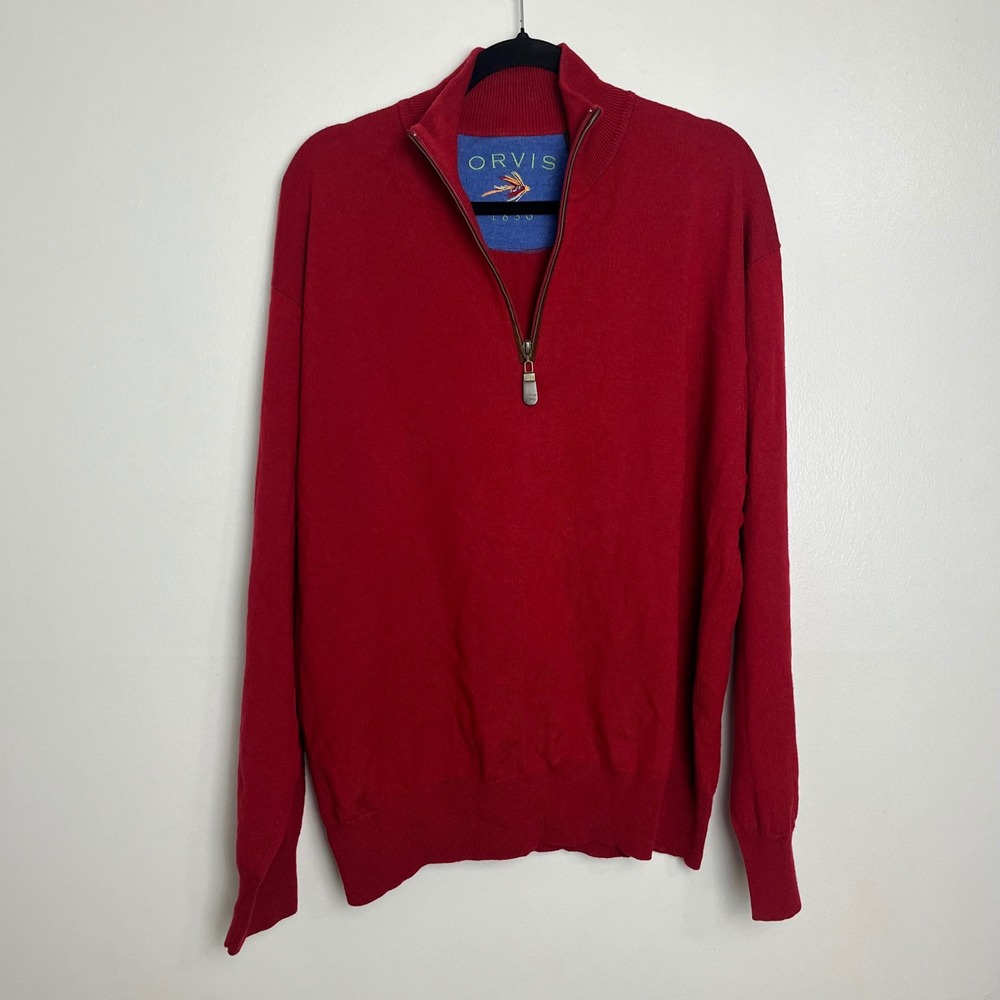 VTG Orvis Mens Red Merino‎ Wool 1/4 Zip Sweater Pullover Size XL